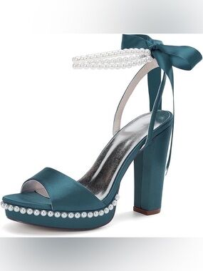 Teal Pearl-Trim Platform Sandal